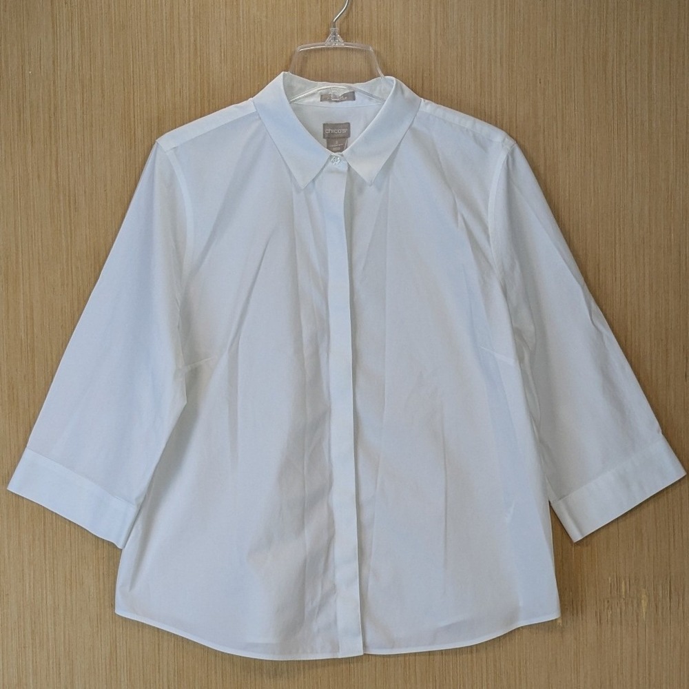 Chicos No Iron Stain Shield Minimalist Button Down Shirt XL 3/4 Sleeve White